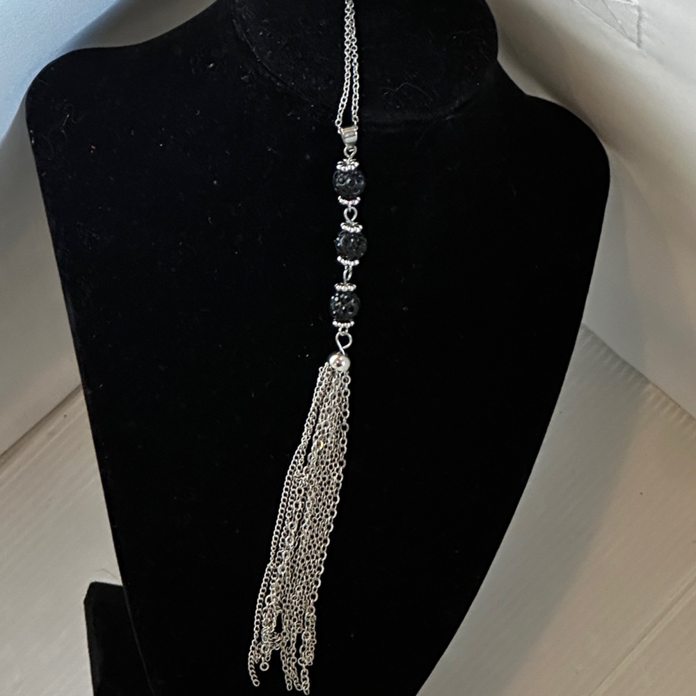Long black & silver necklace, beaded, tassel, fun jewelry